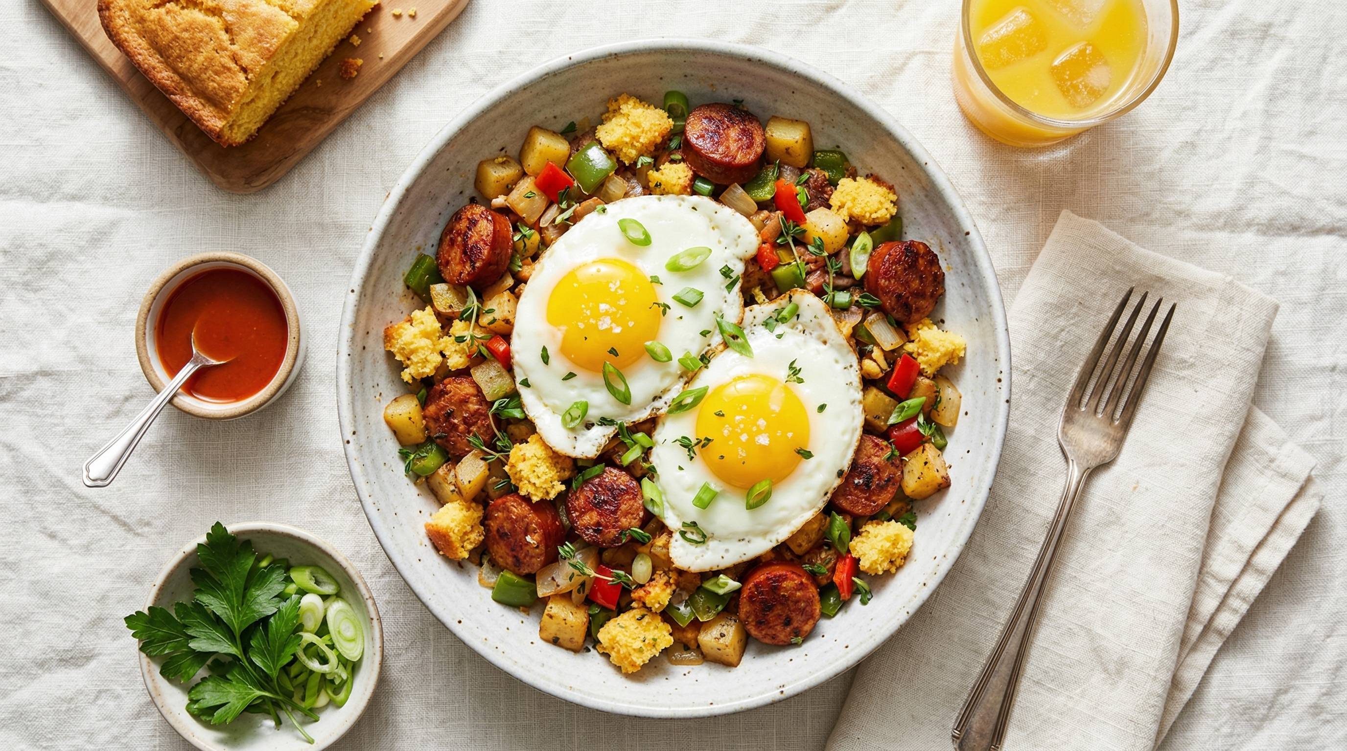 Chaurice and Cornbread Hash with Fried Eggs