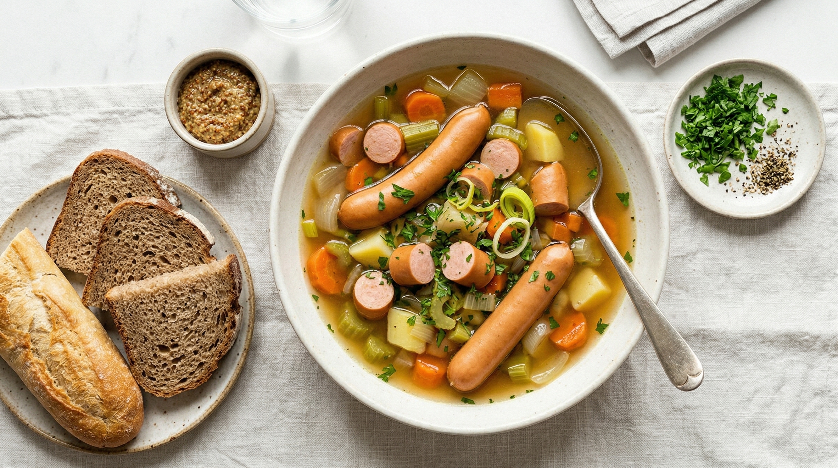 Frankfurter Soup with Vegetables and Bread
