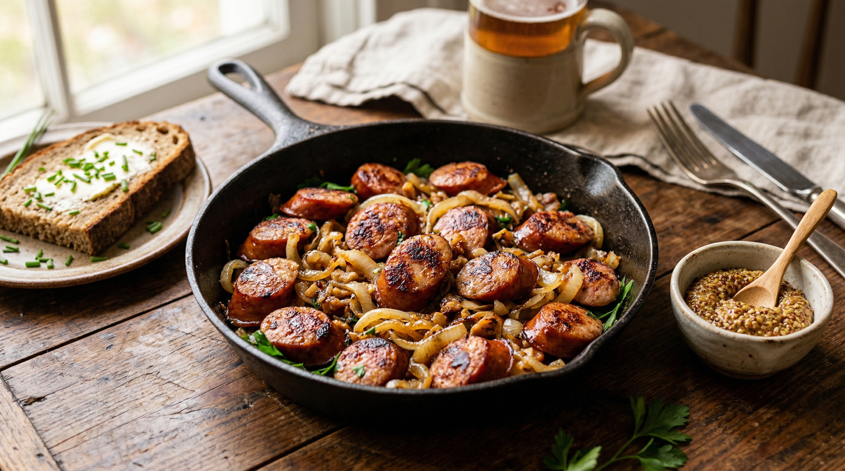Pan-Fried Kielbasa with Mustard and Onions