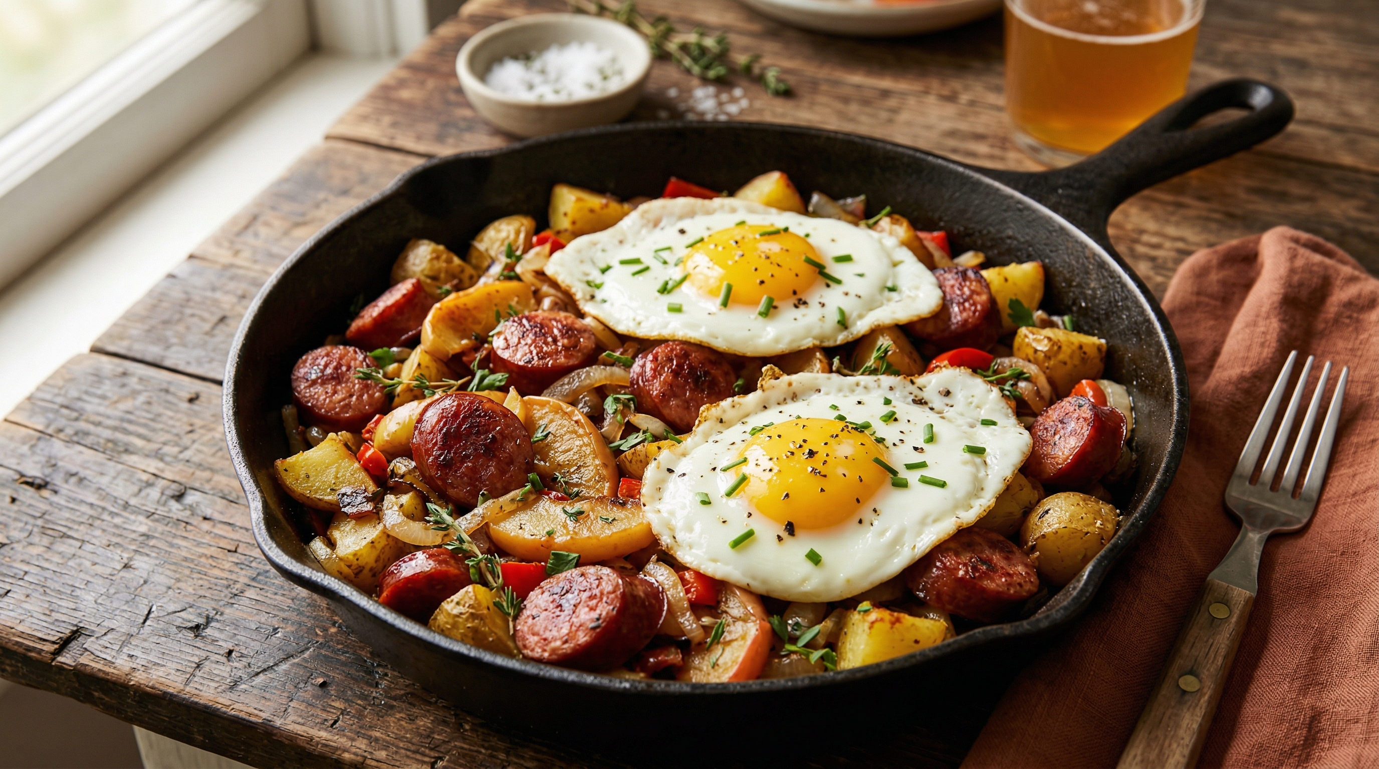 Kielbasa and Apple Hash with Fried Eggs