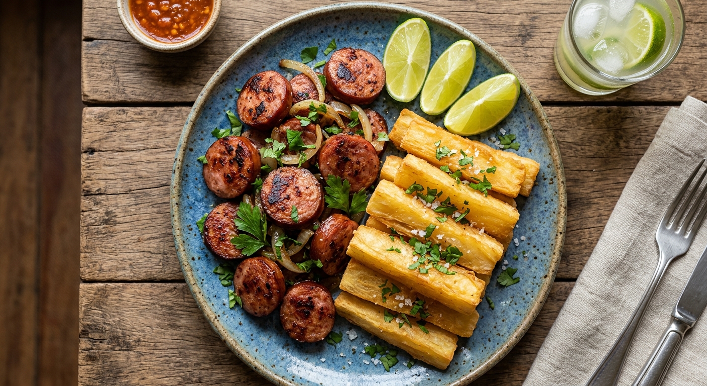 Linguiça com Mandioca Frita