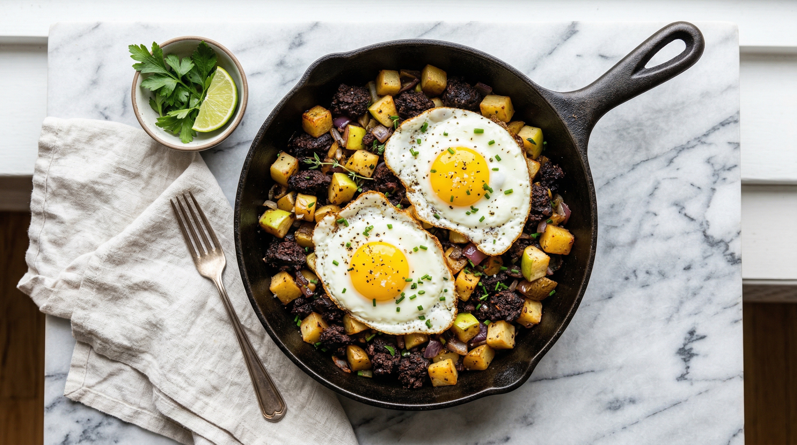 Morcilla and Apple Hash with Fried Eggs