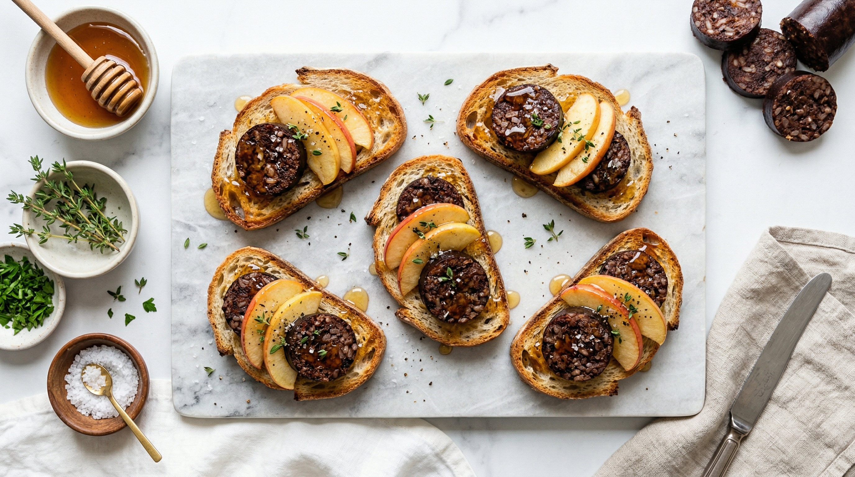 Morcilla and Apple Toasts with Honey