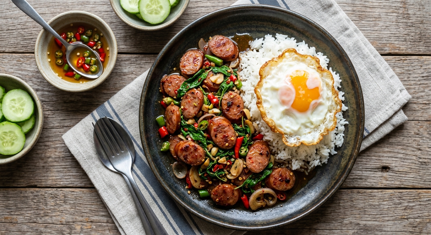Sai Krok Isan Pad Krapao (Stir-Fried with Holy Basil)