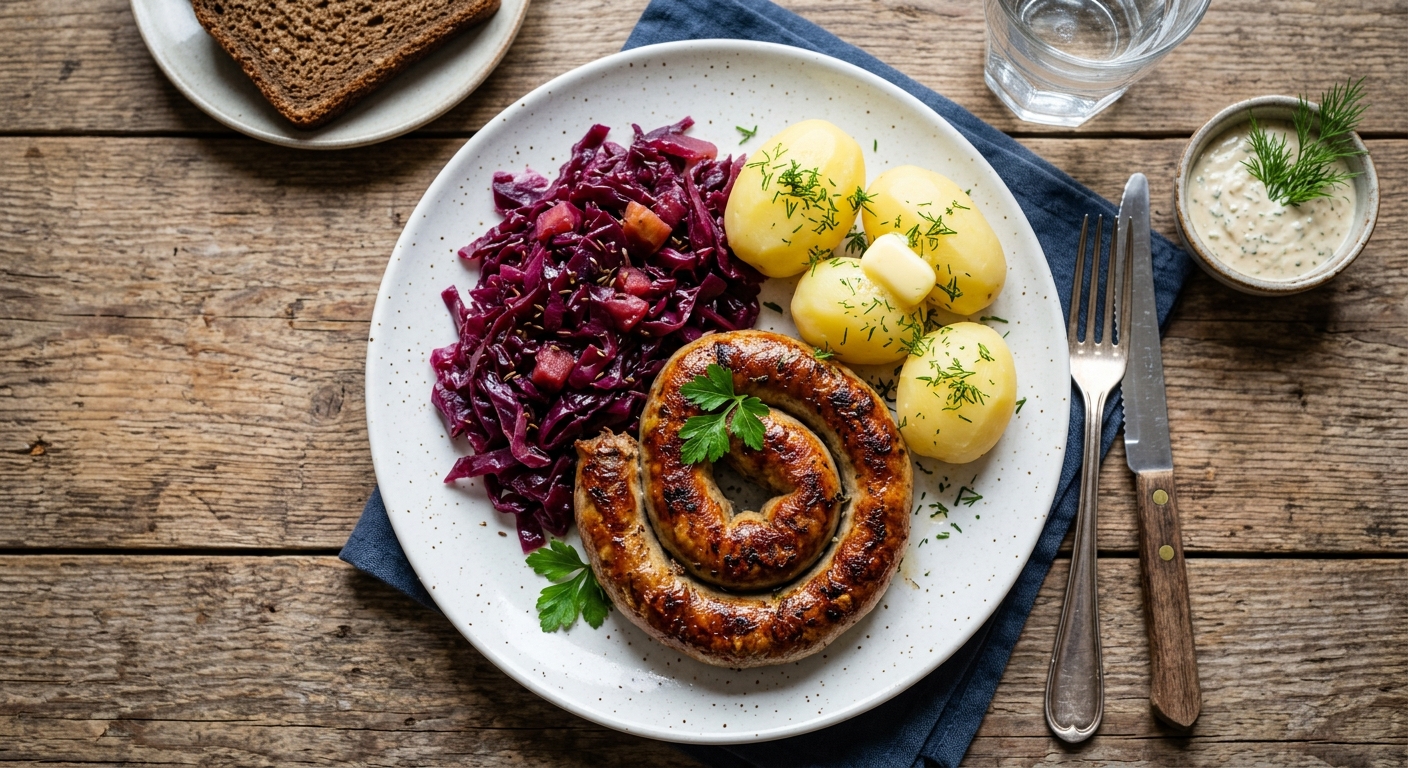 Stegt Medisterpølse med Rødkål