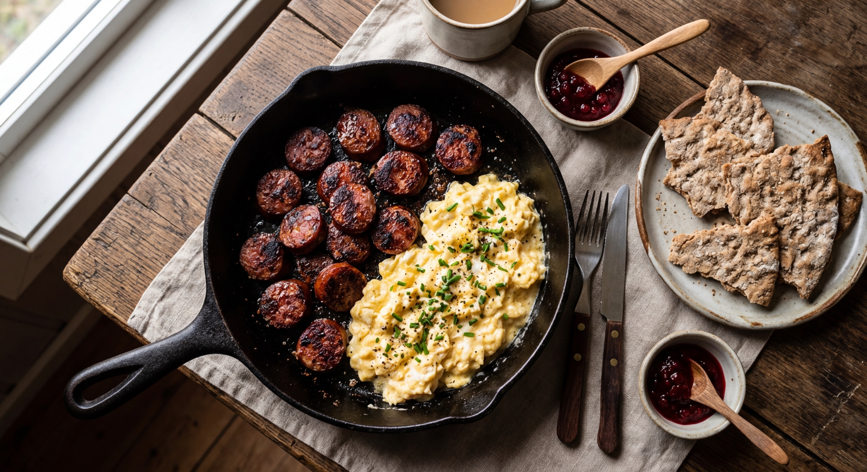 Stekt Vossapølse med Egg og Flatbrød
