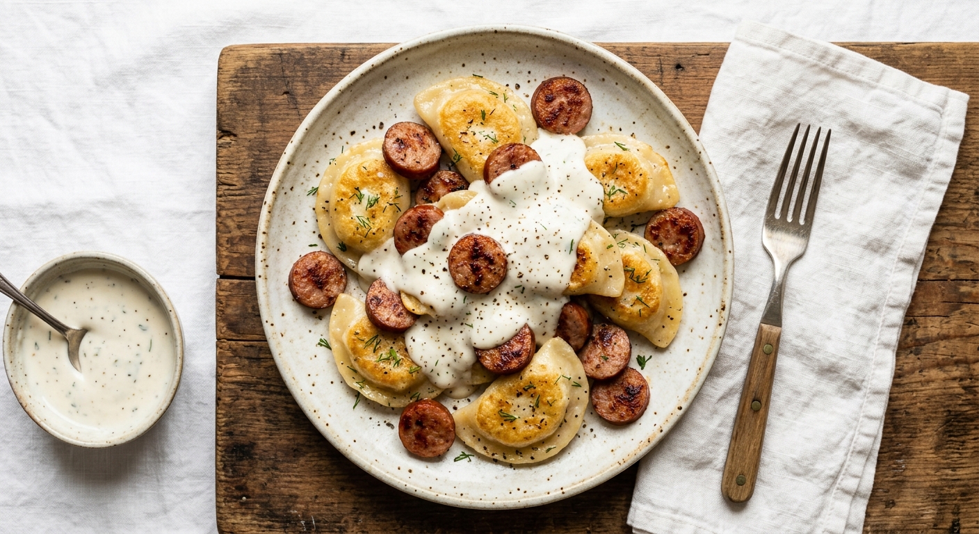 Vereniki with Farmer's Sausage and Schmauntfatt
